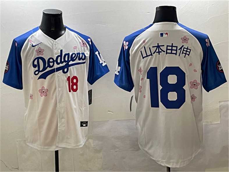 Men%27s Los Angeles Dodgers #18 Yamamoto White Royal 2025 Tokyo Series Limited Stitched Jersey